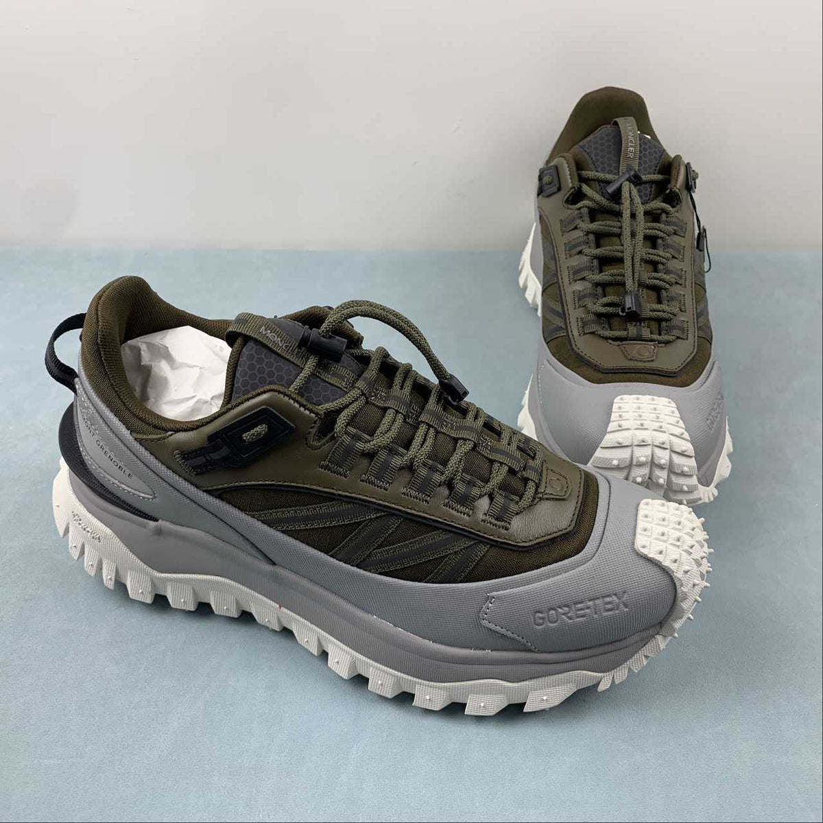 Moncler x Hoka Mafate Speed   Olive & Gray Chunky Low-Top Sneakers