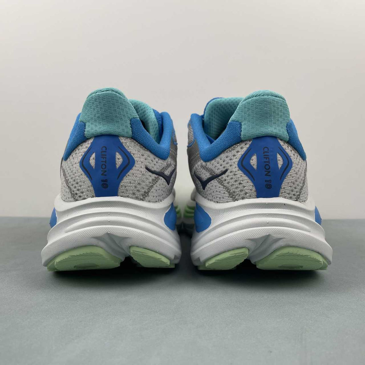 HOKA ONE ONE Clifton  Gray Sneakers with Blue & Mint Accents