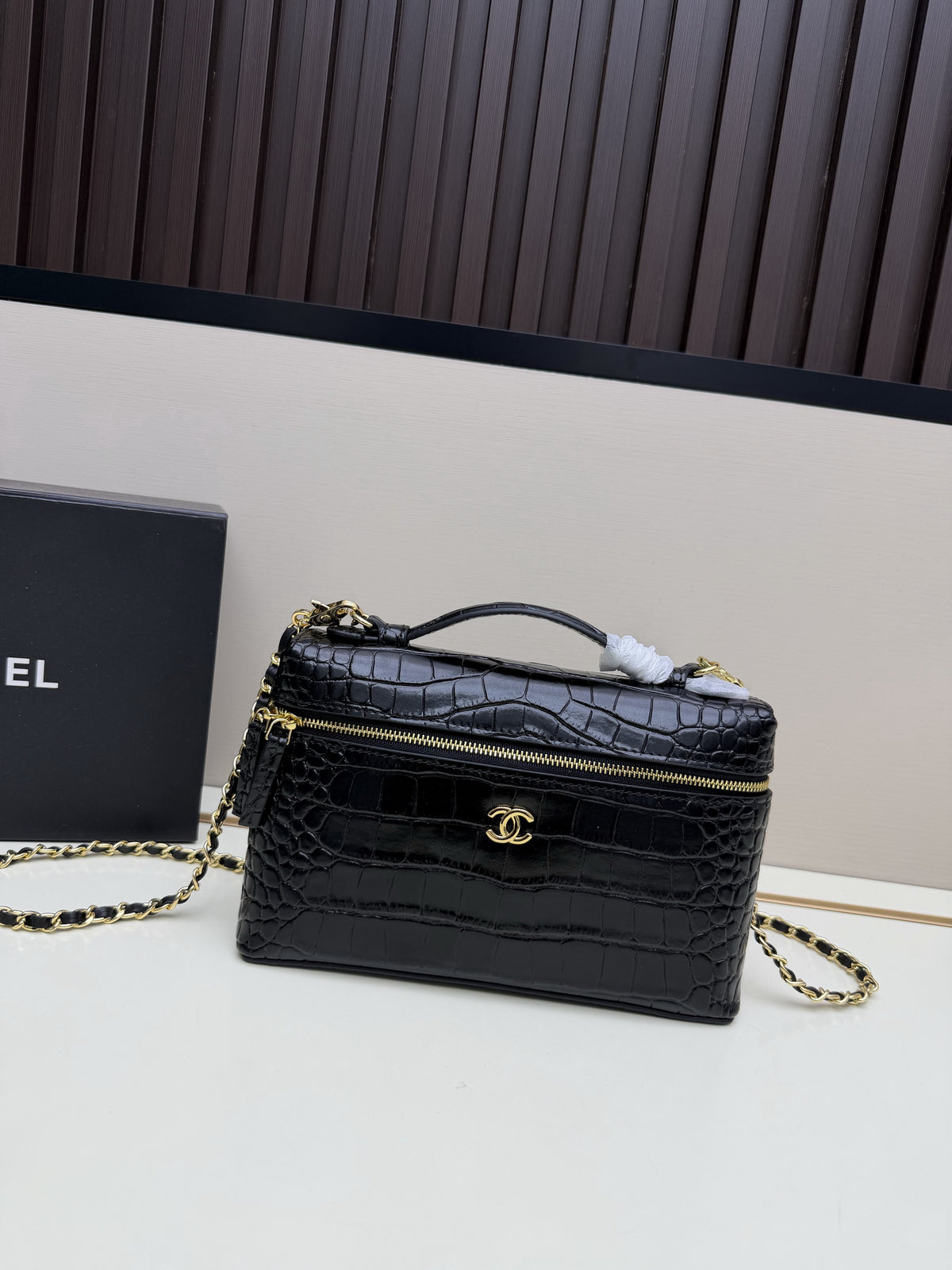 Chanel Black Croc-Embossed Chain Shoulder Bag