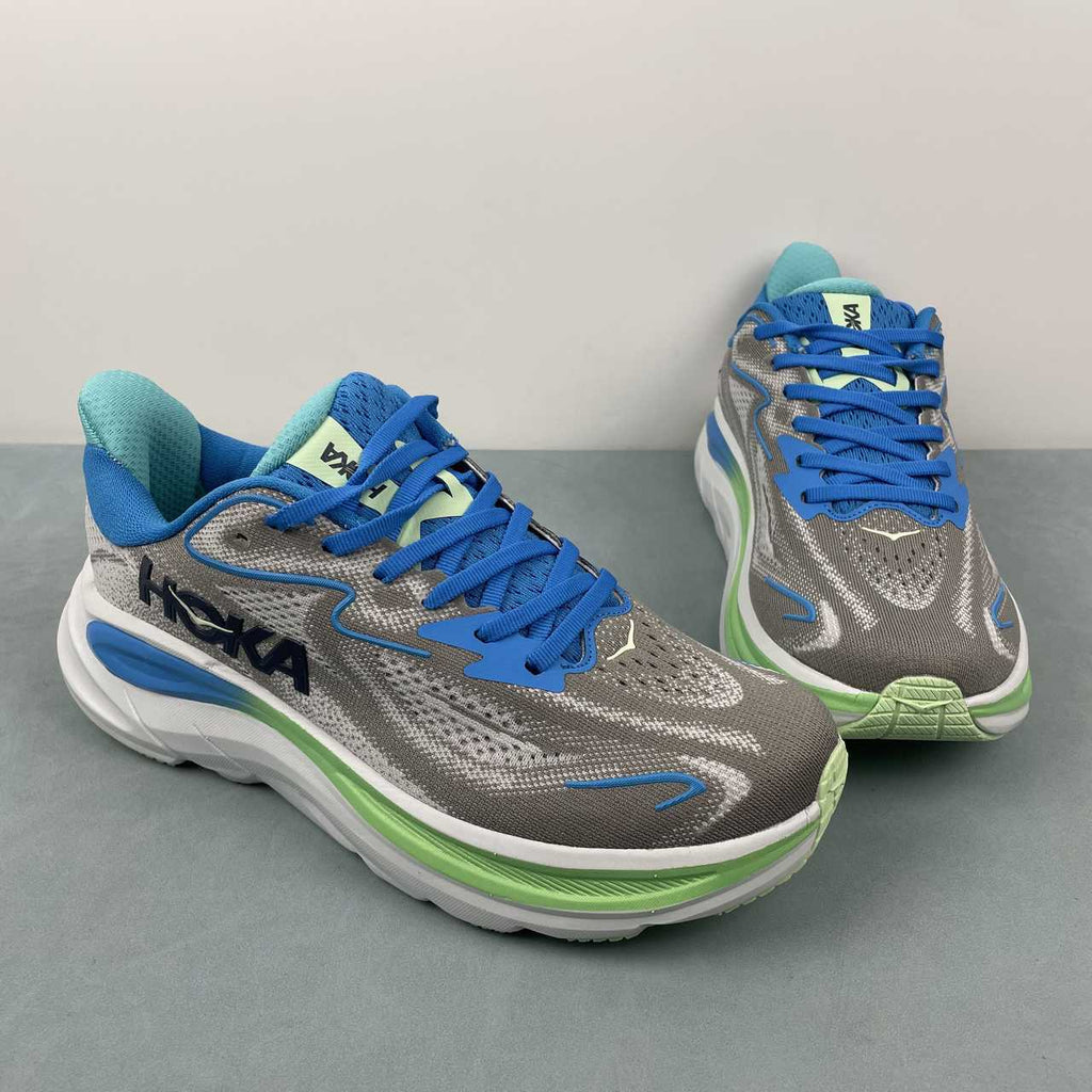 HOKA ONE ONE Clifton  Gray Sneakers with Blue & Mint Accents