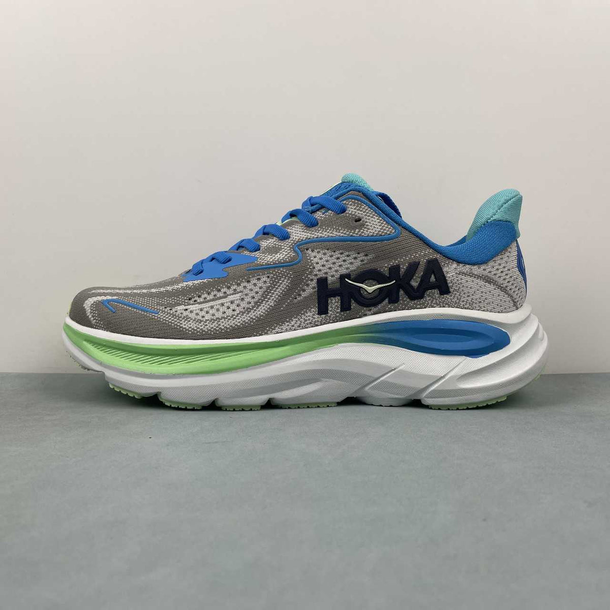HOKA ONE ONE Clifton  Gray Sneakers with Blue & Mint Accents