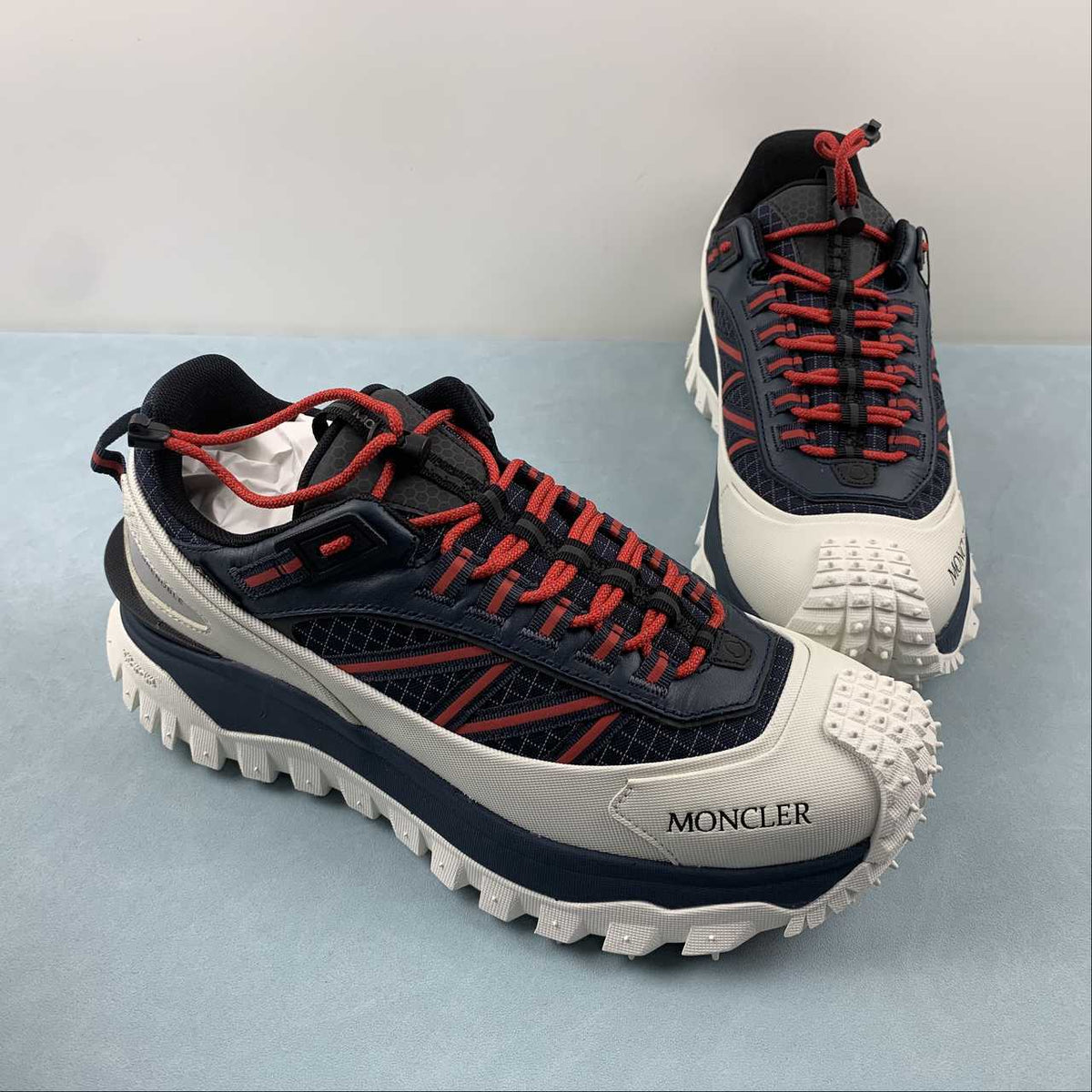 Moncler x Hoka Mafate Speed     Black & Cream Chunky Sneakers with Red Laces