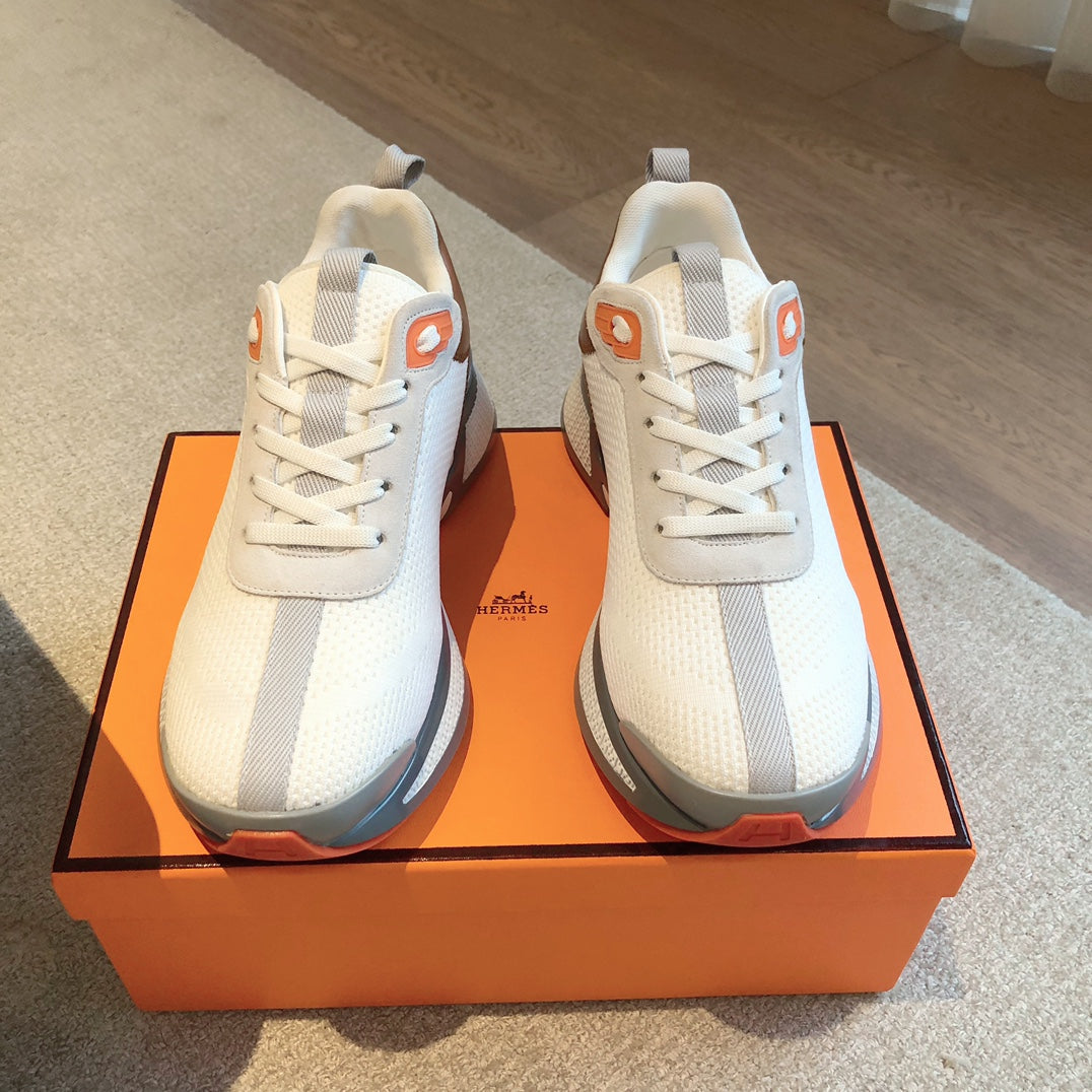 HERMES HEROS SNEAKER IN WHITE BREATHABLE MESH FABRIC AND BROWN CALFSKIN