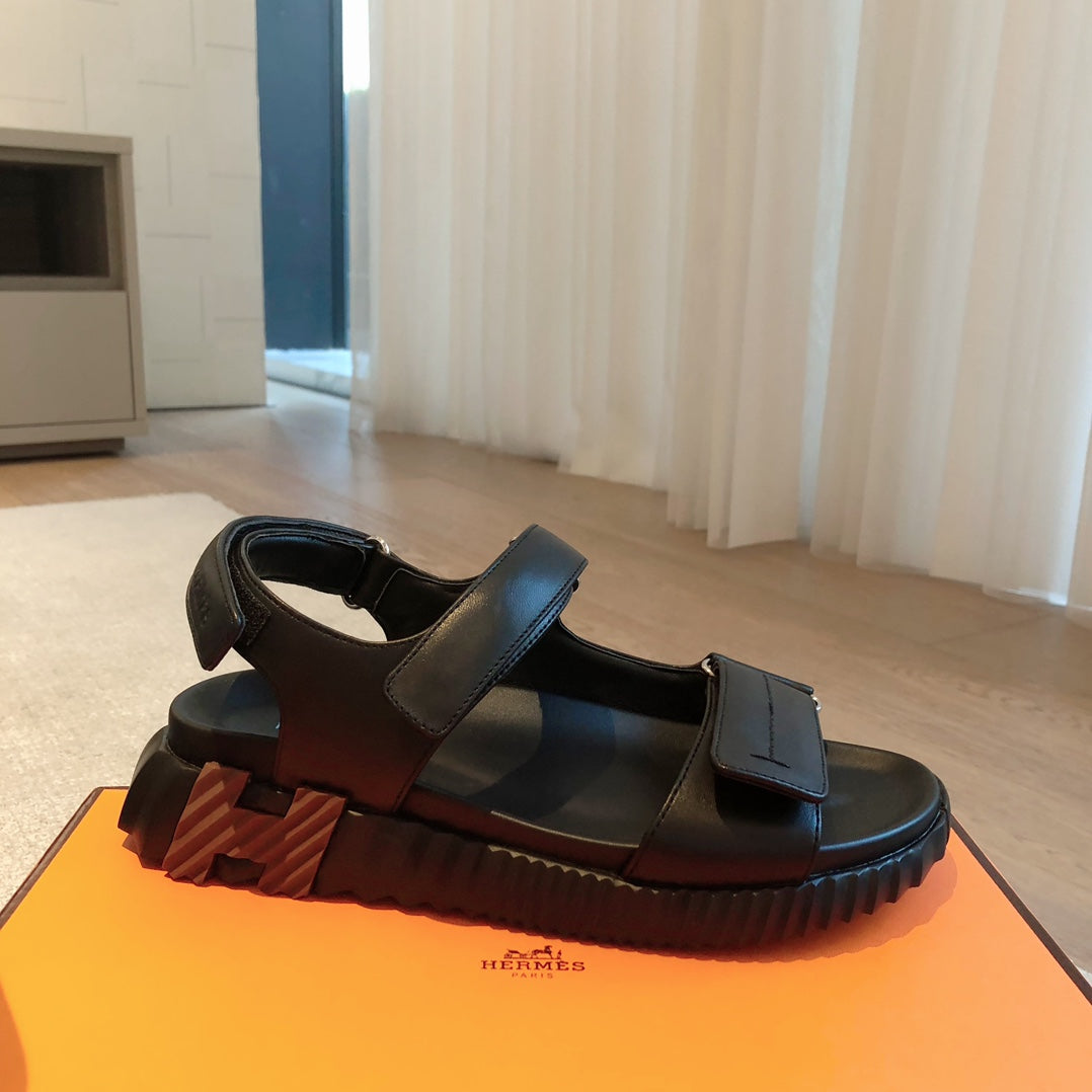 HERMES DAD SANDALS IN BLACK CALFSKIN AND RUBBER