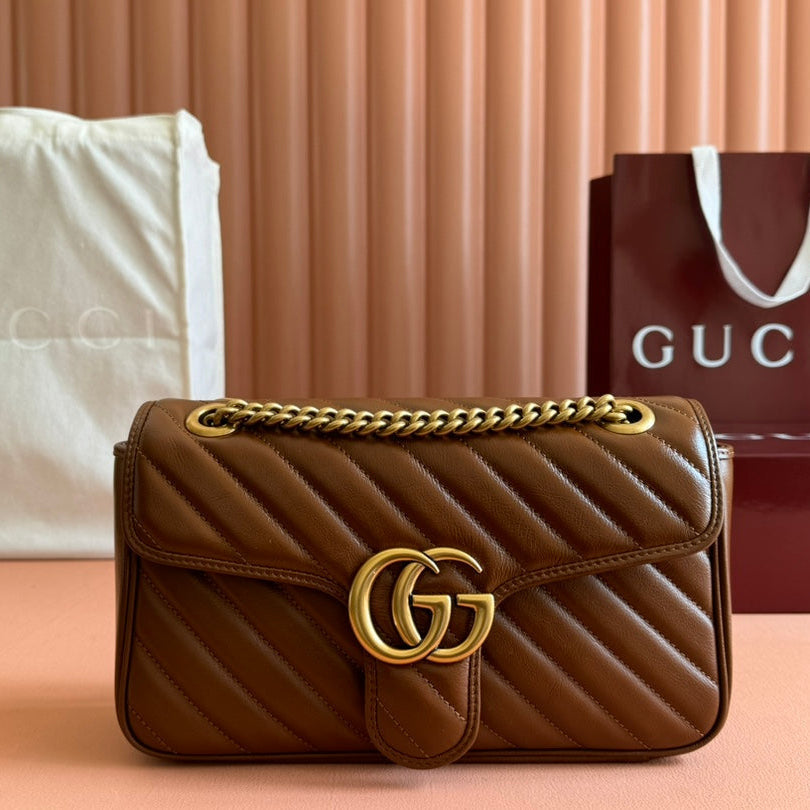 GUCCI MARMONT MEDIUM SHOULDER BAG  26 IN BROWN MATELASSE CHEVRON LAMBSKIN