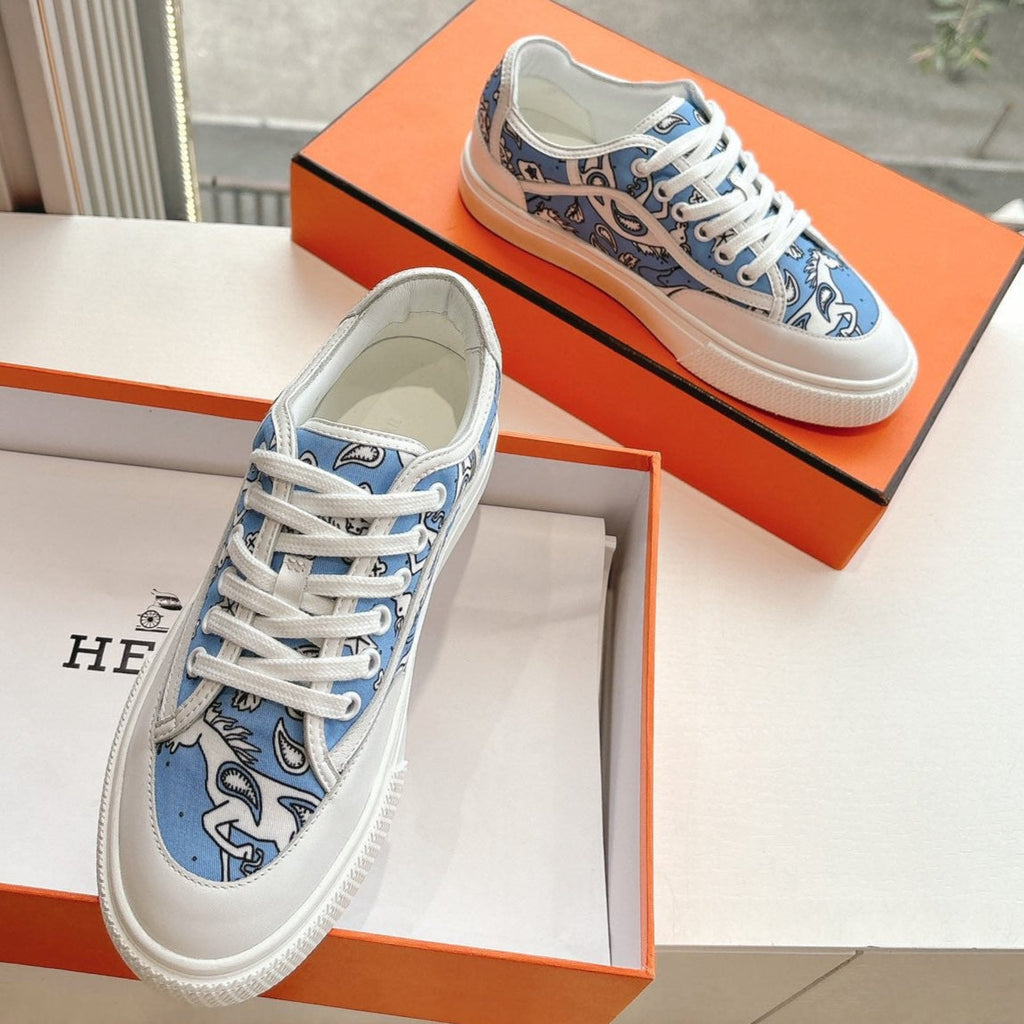 HERMES GET SNEAKER IN WHITE MIX CERULEAN BLUE MAXI CANVAS AND CALFSKIN