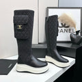 CHANEL 25S WEDGE KNEE-HIGH BOOTS IN BLACK CALFSKIN AND DENIM
